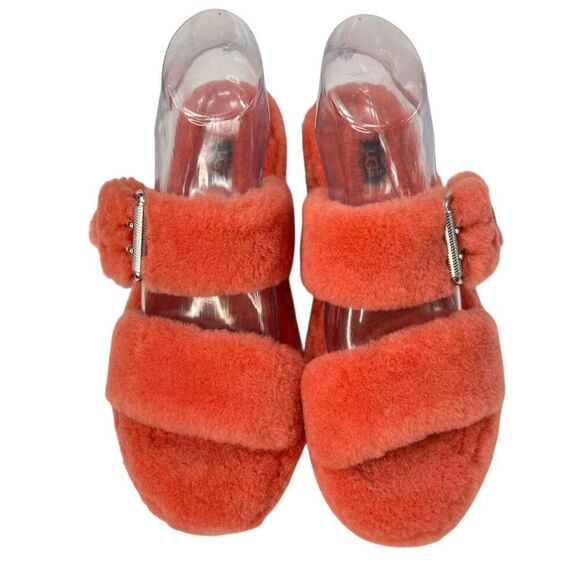 UGG Fuzz Yeah Sheepskin Sherpa Double Buckle Sandals Coral Pink Size 9 - Picture 2 of 11